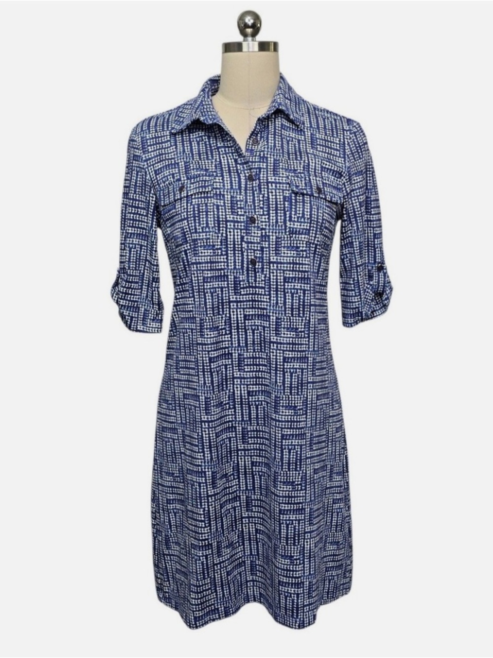 J. McLaughlin Arissa Blue White Geometric Pattern Shirt Dress Catalina Cloth L